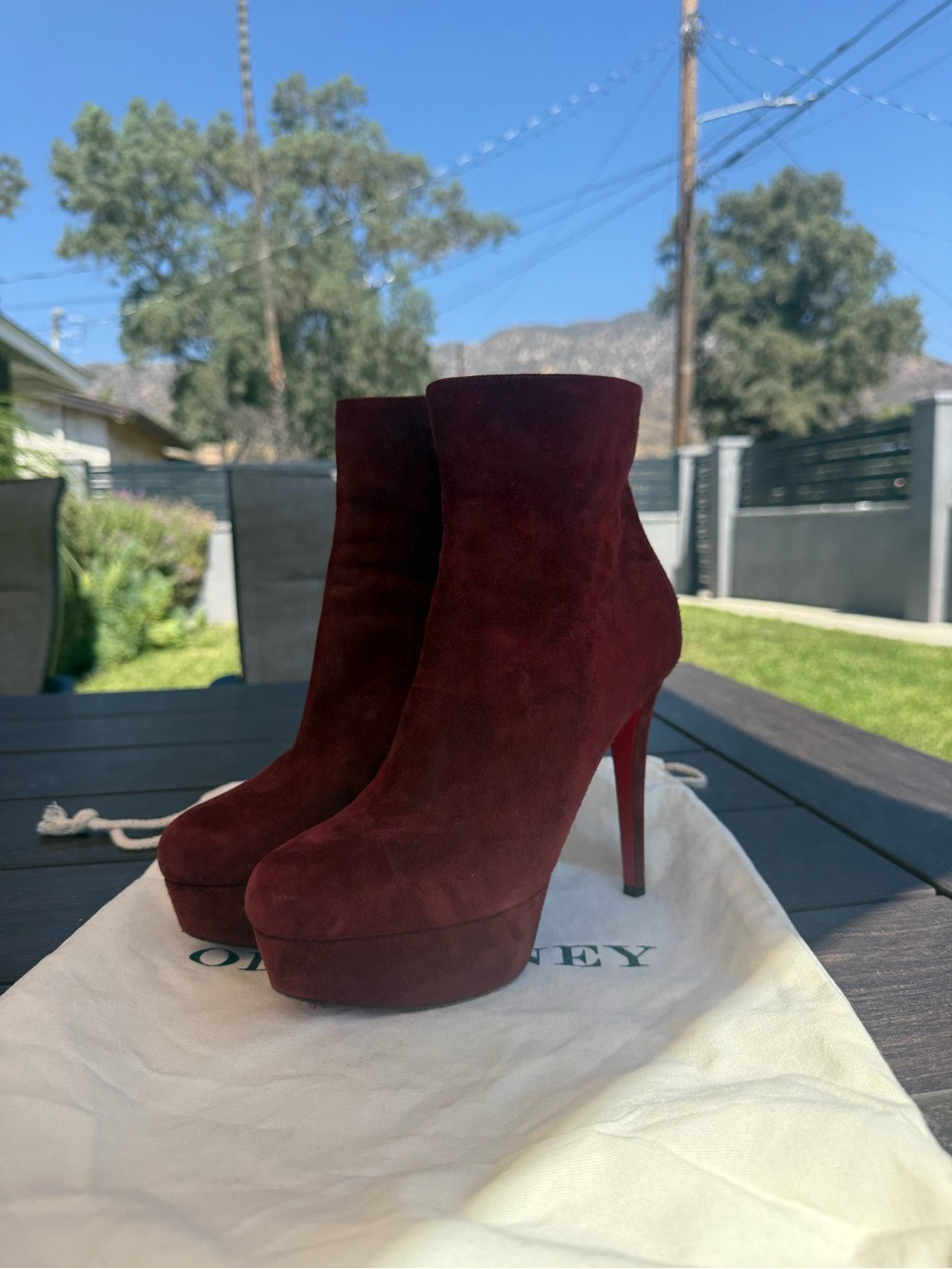 Christian Louboutin Bianca Booty 120 Burgundy Suede Platform Ankle Boots